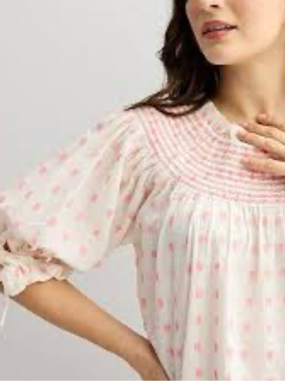 Smocked Yoke Peasant Tunic in White with Pink Dot Embroidery by Farmers Market M
